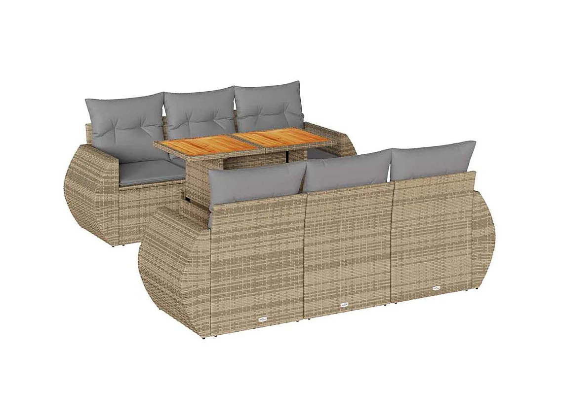 7-delige Loungeset met kussens poly rattan beige