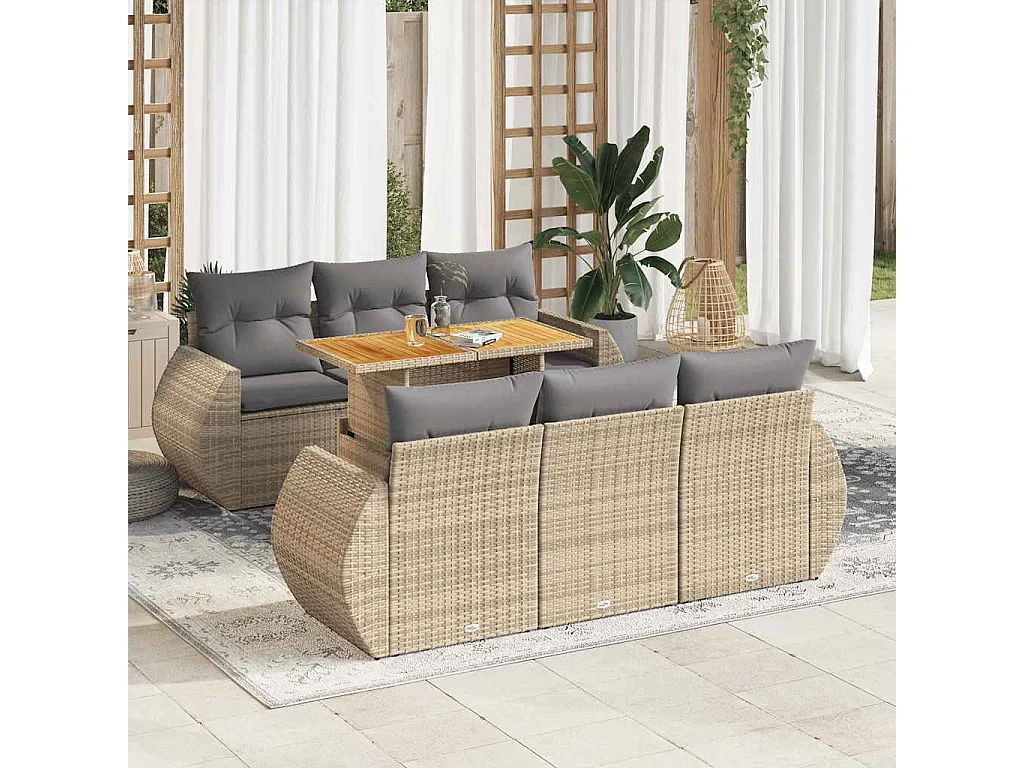 Salon de jardin avec coussins 7 pcs beige résine tressée