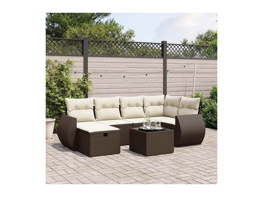 Salon de jardin avec coussins 7 pcs marron résine tressée