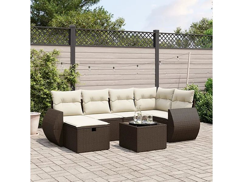 7 pcs conjunto de sofás jardim c/ almofadões vime PE castanho