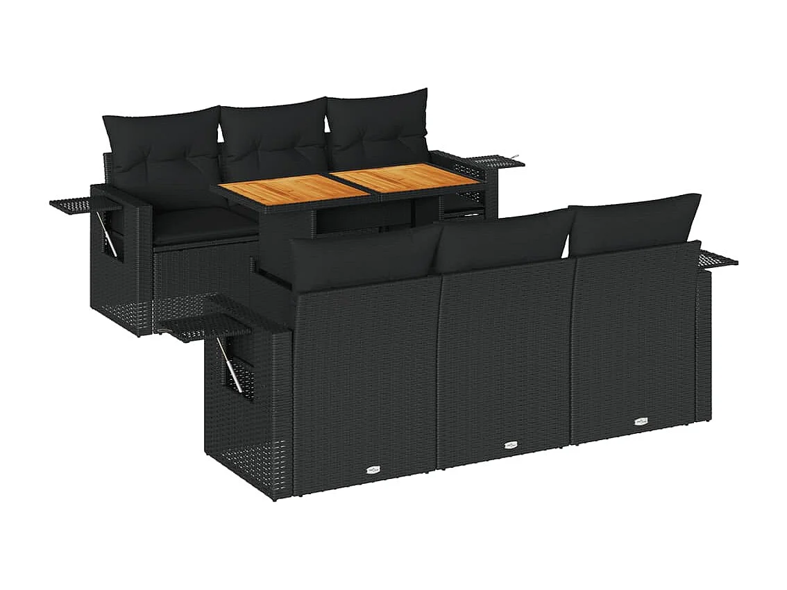 7-delige Loungeset met kussens poly rattan zwart