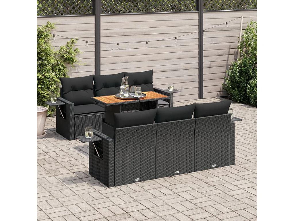 Salon de jardin 7 pcs avec coussins noir résine tressée