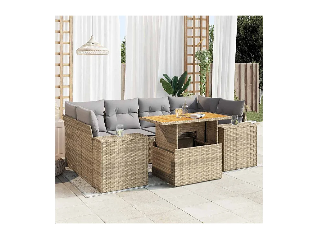 Salon de jardin avec coussins 7 pcs beige résine tressée