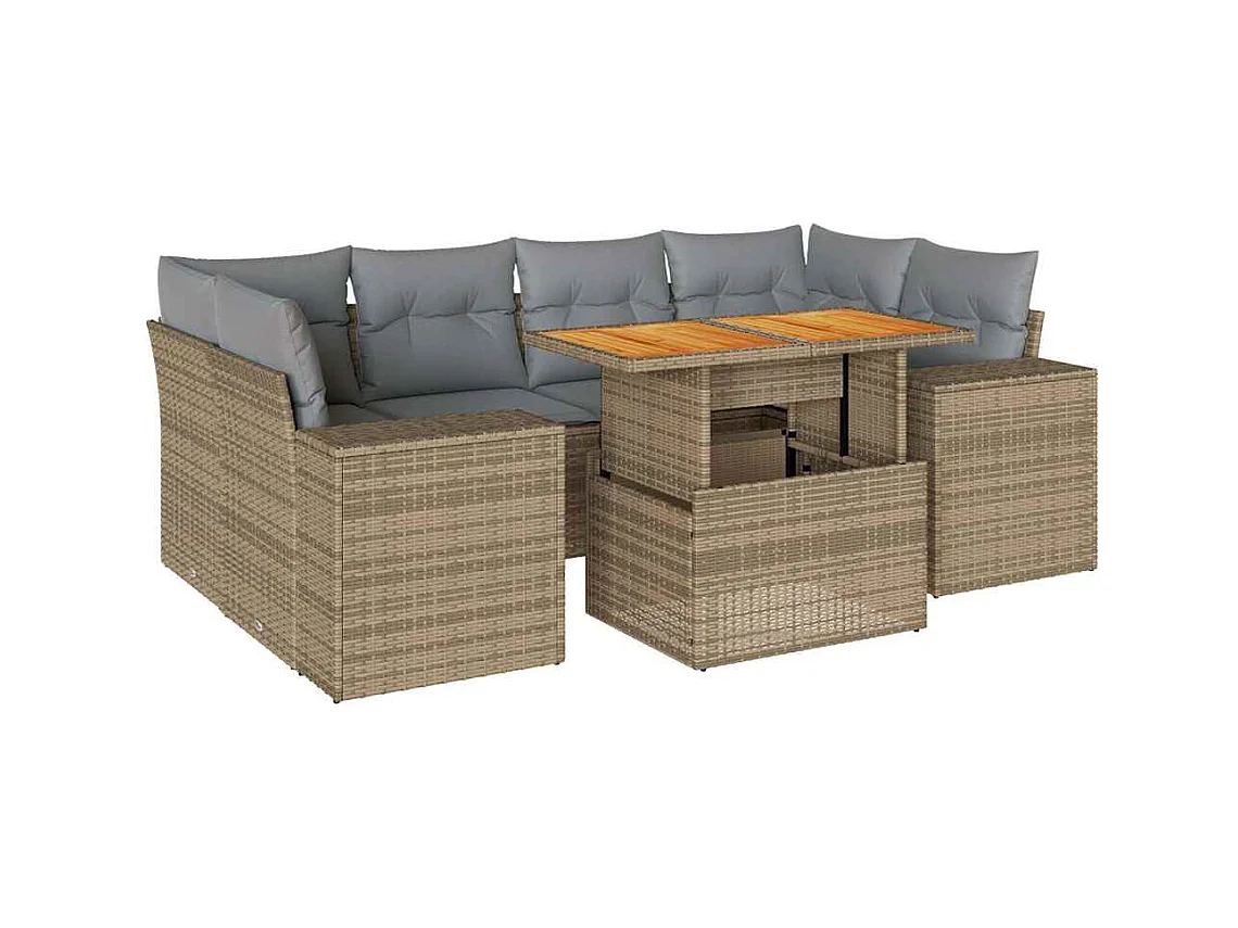 Salon de jardin avec coussins 7 pcs beige résine tressée