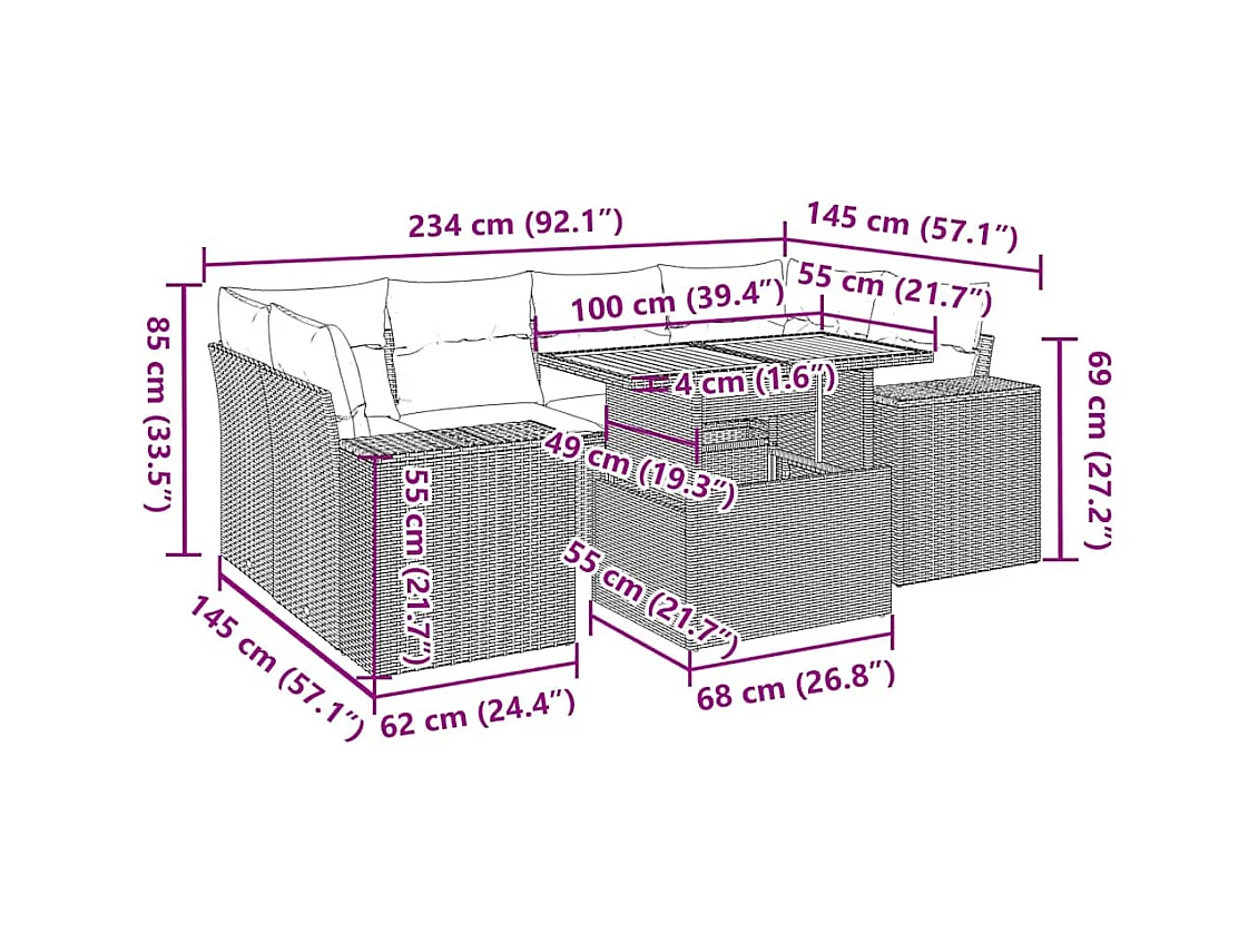 Salon de jardin avec coussins 7 pcs beige résine tressée