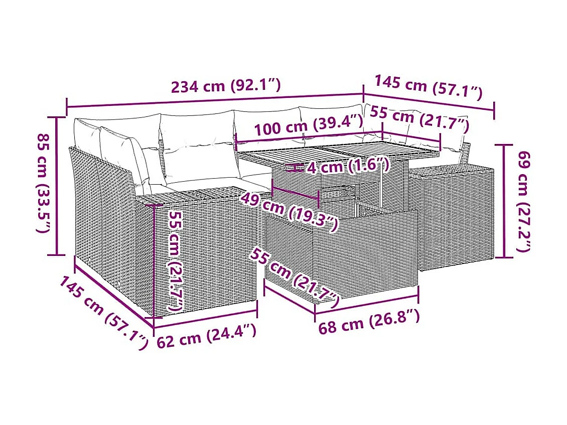 Salon de jardin avec coussins 7 pcs beige résine tressée