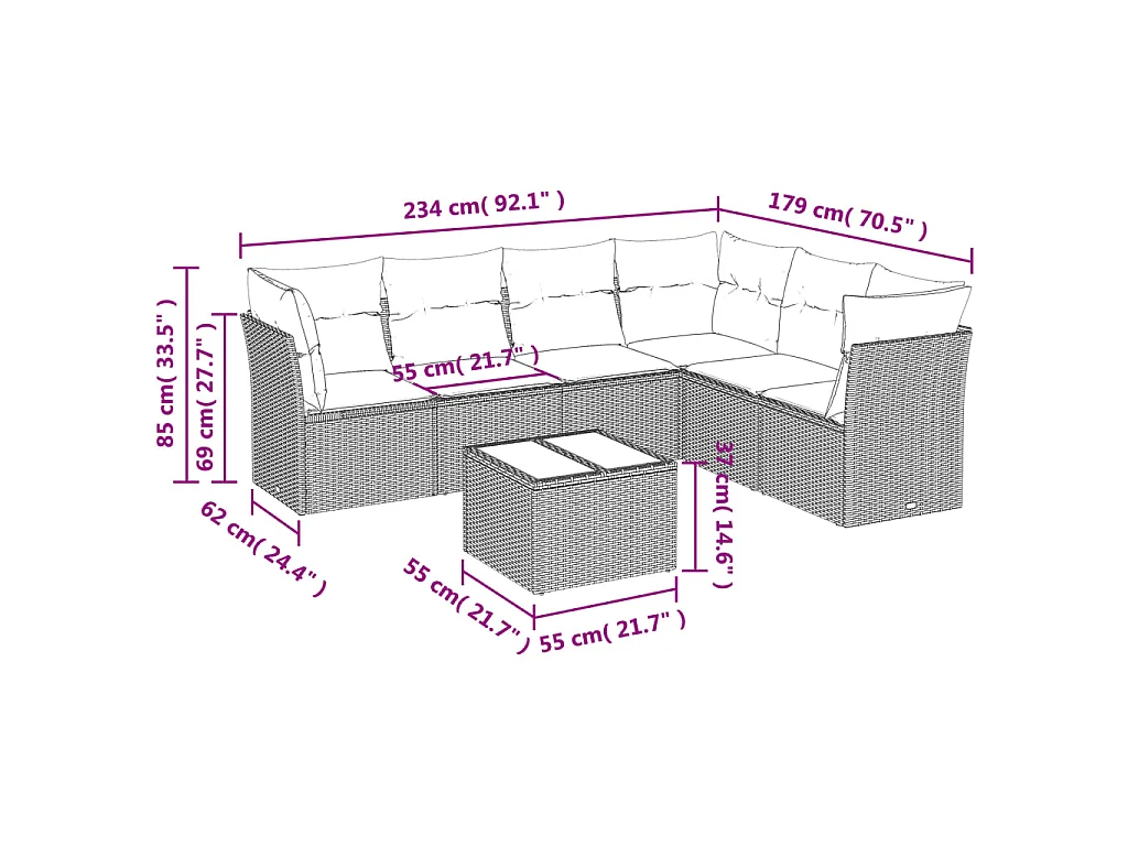 7-tlg. Garten-Sofagarnitur mit Kissen Braun Poly Rattan