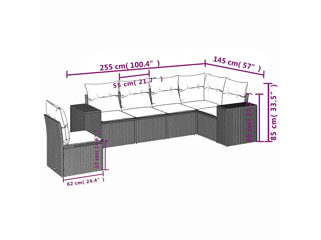 Set sofás de jardín 6 piezas y cojines ratán sintético marrón
