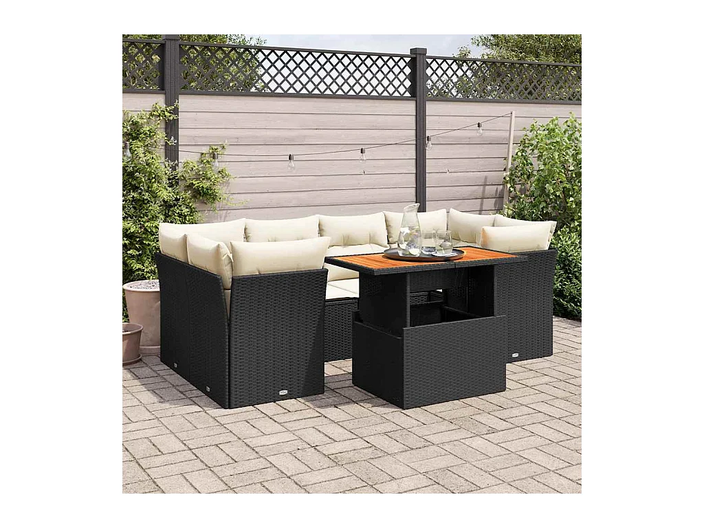 Set Divani da Giardino con Cuscini 7pz Nero Polyrattan