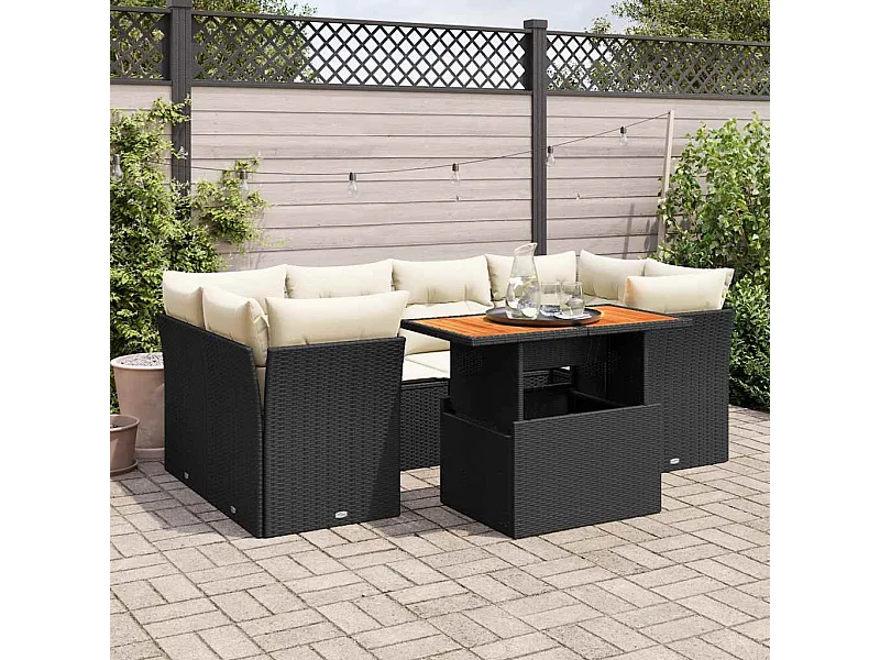 7-tlg. Garten-Sofagarnitur mit Kissen Schwarz Poly Rattan