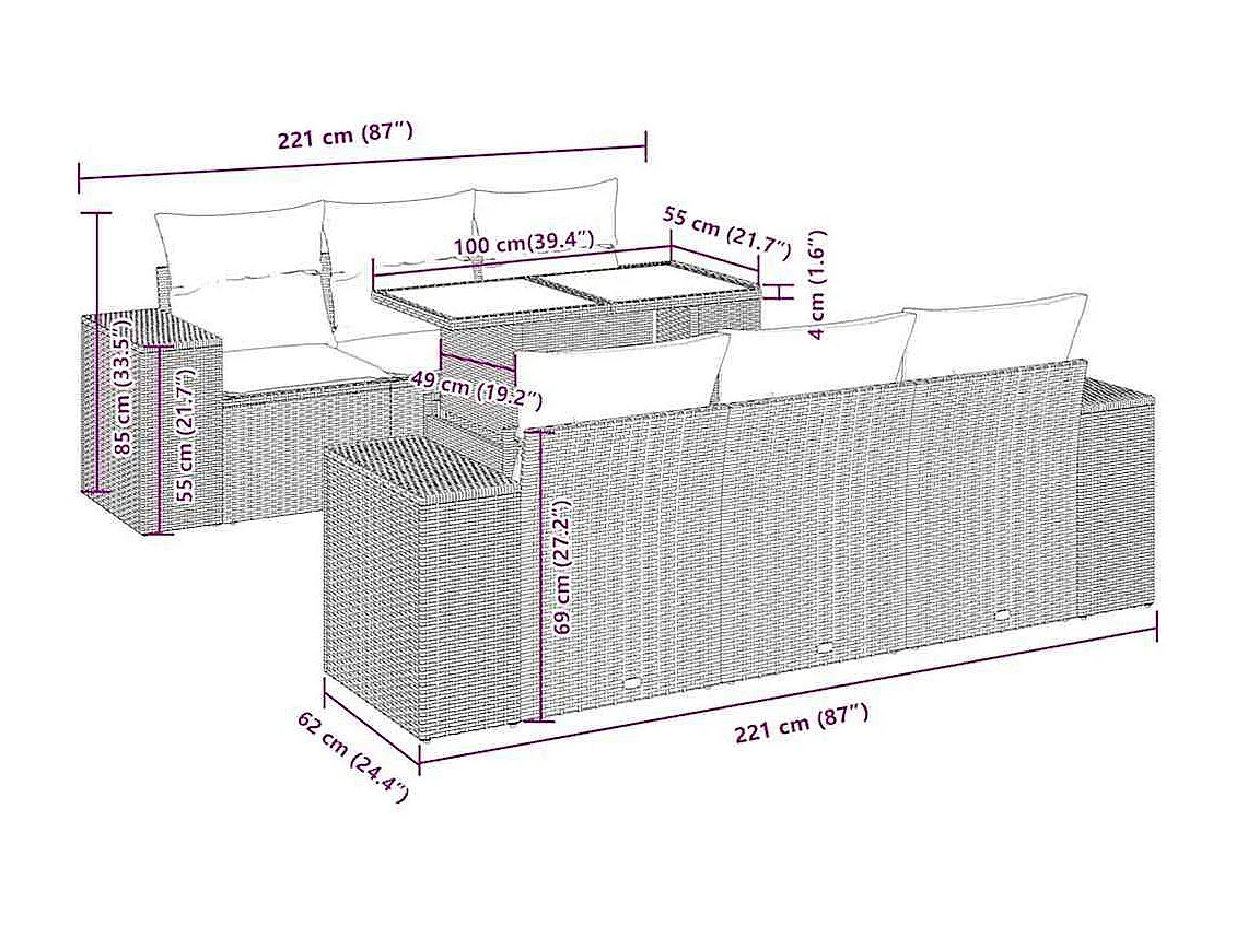 7 pcs conjunto de sofás jardim c/ almofadões vime PE castanho