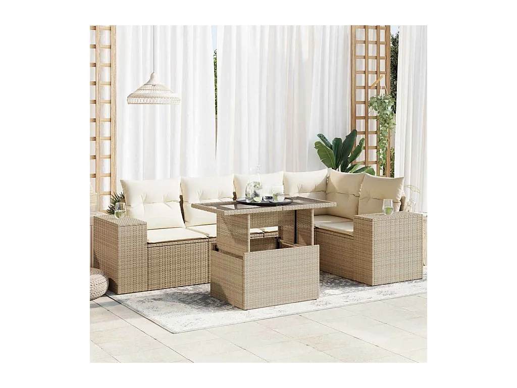 Set Divano da Giardino 6 pz con Cuscini Beige in Polyrattan