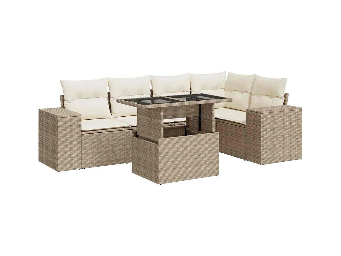 6-tlg. Garten-Sofagarnitur mit Kissen Beige Poly Rattan