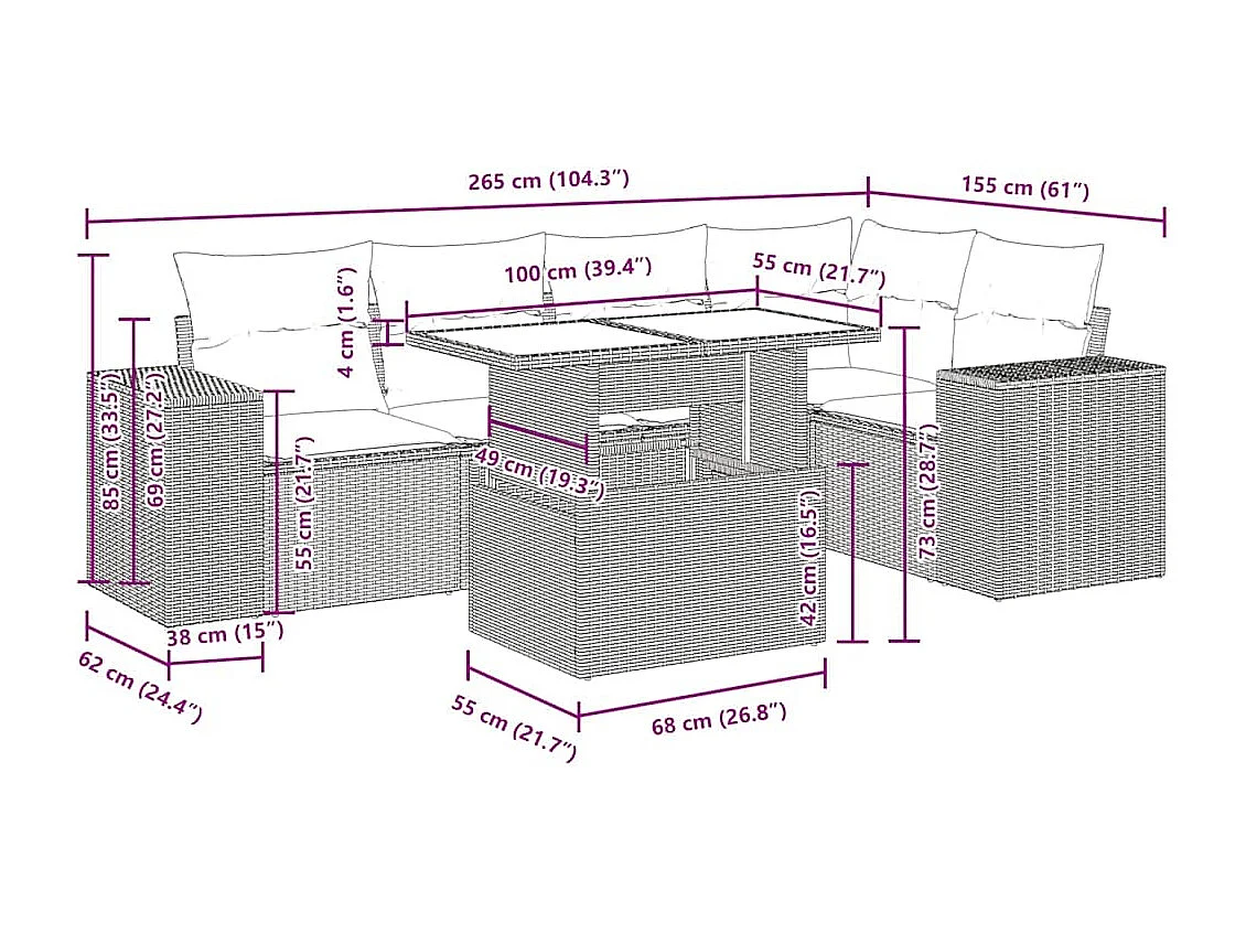 6-delige Loungeset met kussens poly rattan beige