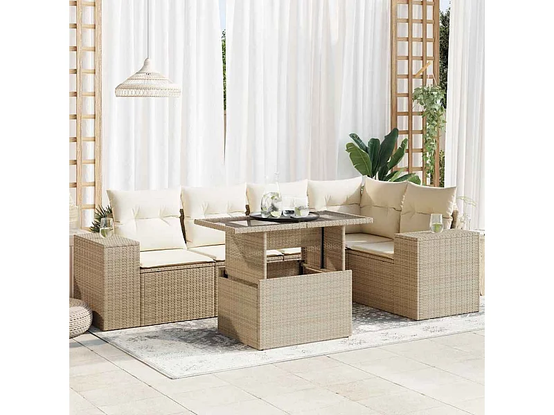 Set Divano da Giardino 6 pz con Cuscini Beige in Polyrattan