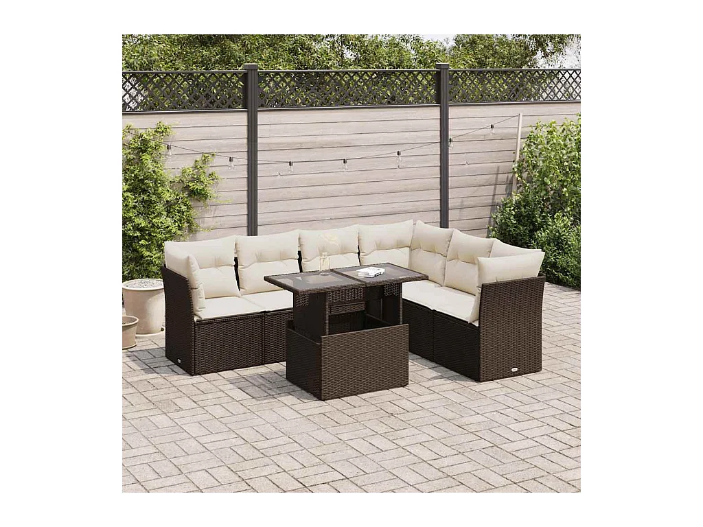 Salon de jardin avec coussins 7 pcs marron résine tressée