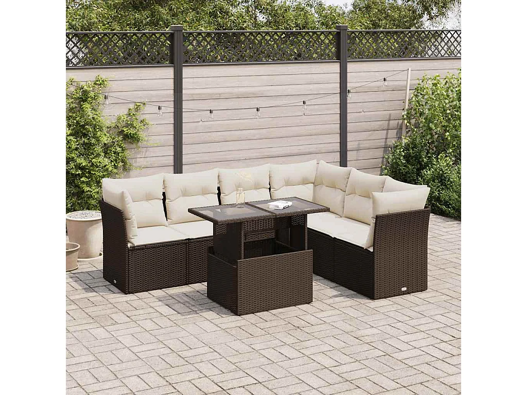 Salon de jardin avec coussins 7 pcs marron résine tressée