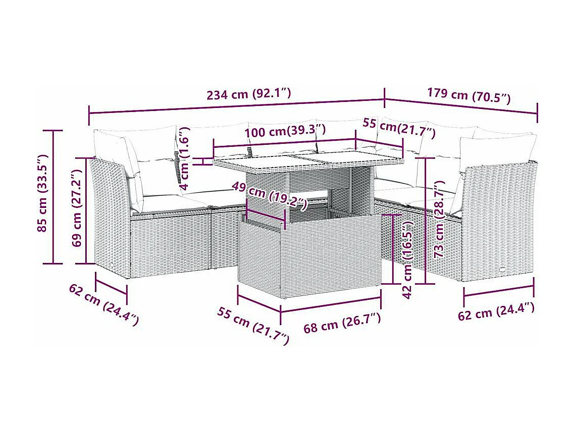 Salon de jardin avec coussins 7 pcs marron résine tressée