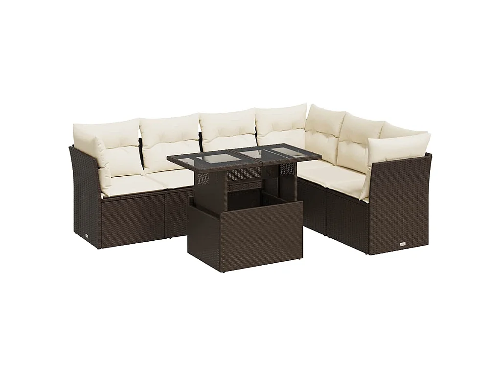 7-delige Loungeset met kussens poly rattan bruin