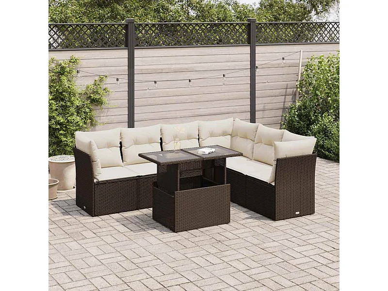 Salon de jardin avec coussins 7 pcs marron résine tressée