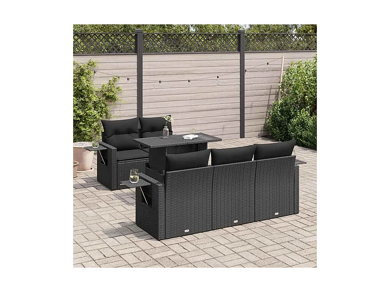 Set Divano da Giardino 6 pz con Cuscini Nero in Polyrattan