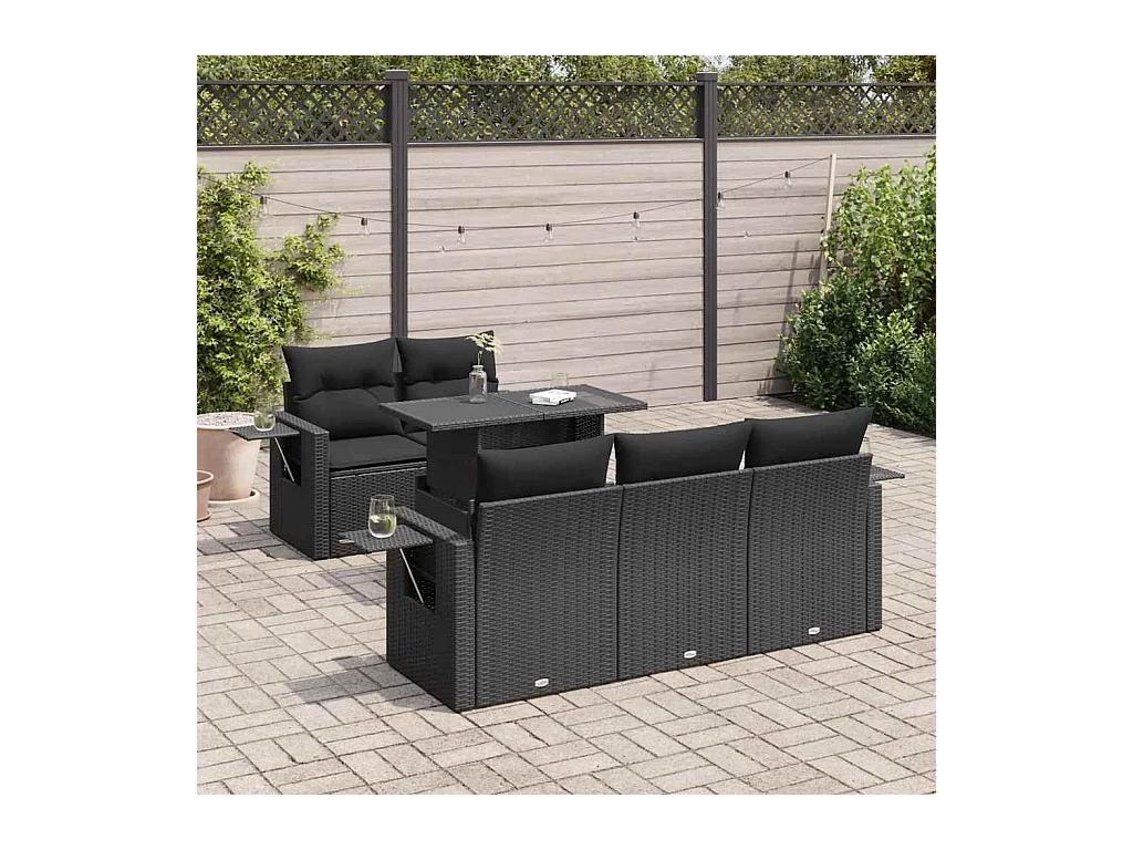 6-delige Loungeset met kussens poly rattan zwart