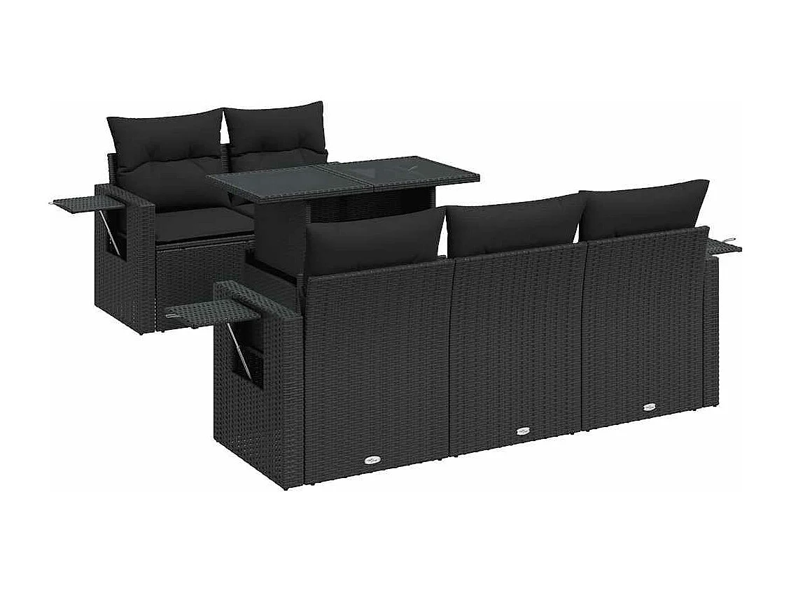 6 pcs conjunto sofás de jardim c/ almofadões vime PE preto