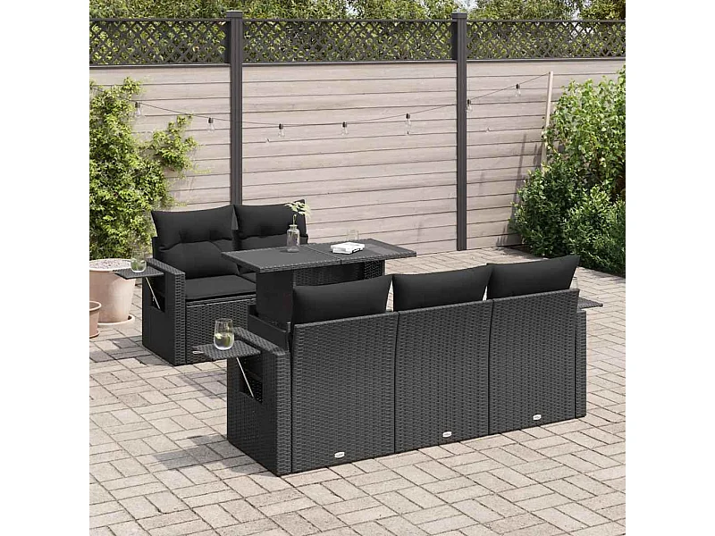 6 pcs conjunto sofás de jardim c/ almofadões vime PE preto