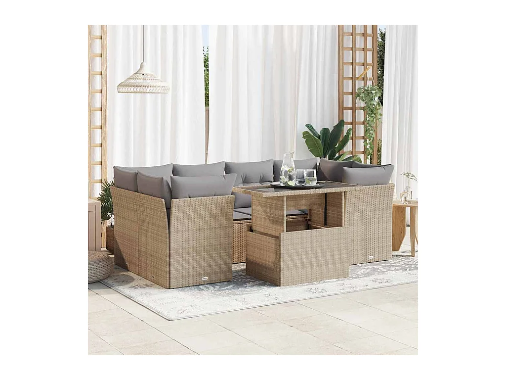 Salon de jardin avec coussins 7 pcs beige résine tressée