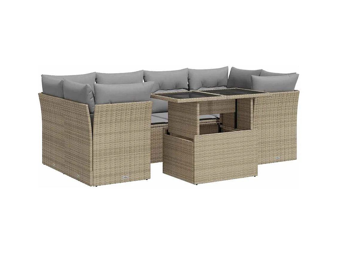 7-delige Loungeset met kussens poly rattan beige