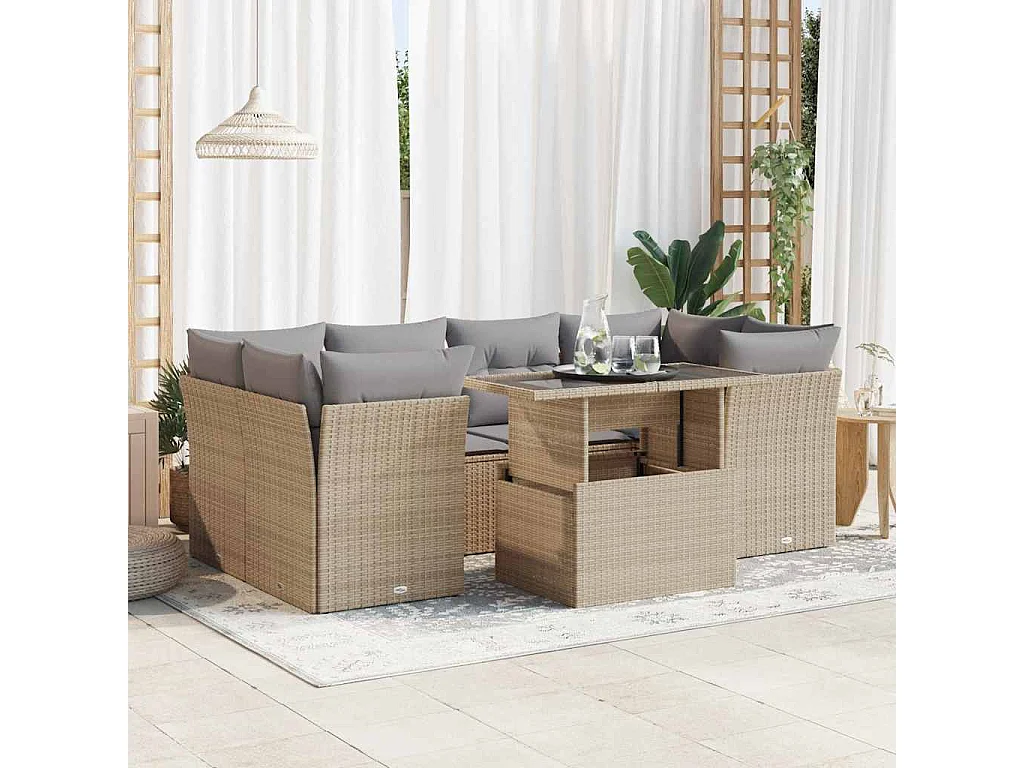 Salon de jardin avec coussins 7 pcs beige résine tressée