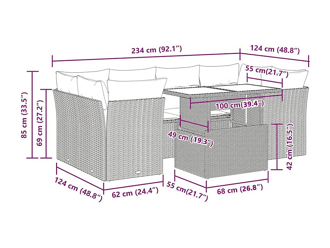 Salon de jardin avec coussins 7 pcs beige résine tressée
