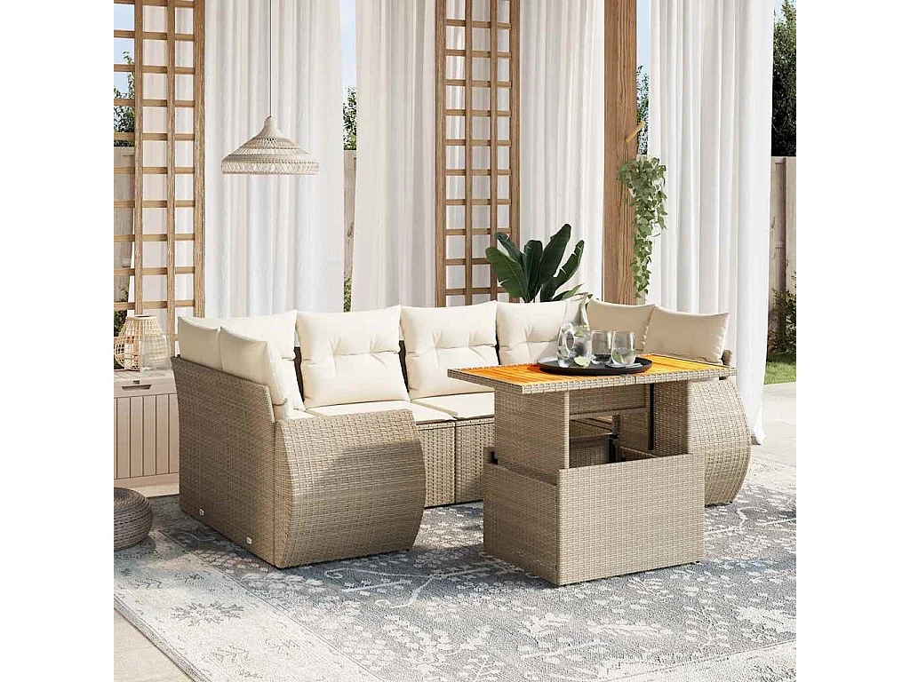 Salon de jardin avec coussins 7 pcs beige résine tressée