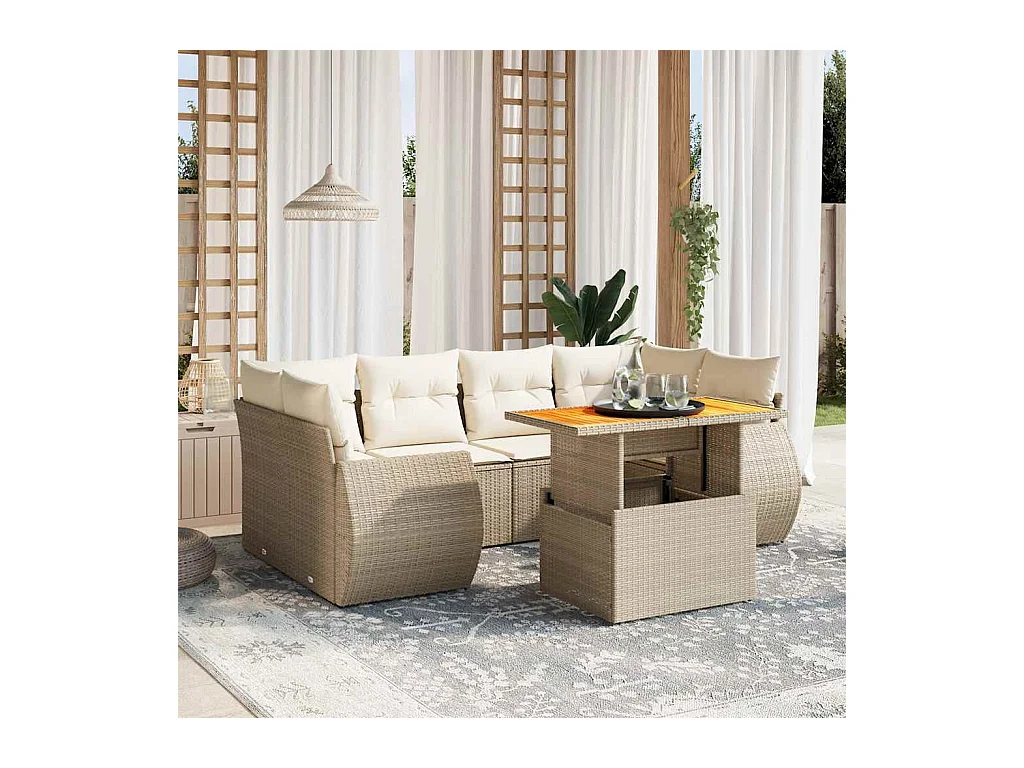Salon de jardin avec coussins 7 pcs beige résine tressée