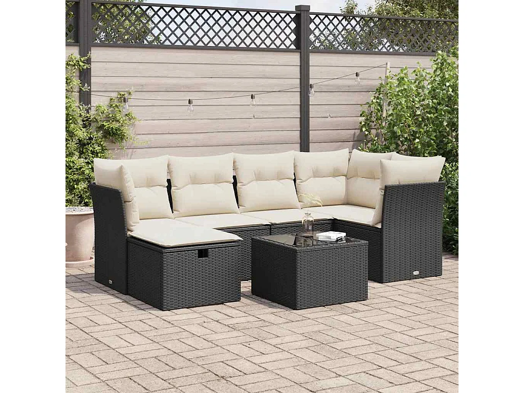 Salon de jardin 7 pcs avec coussins noir résine tressée