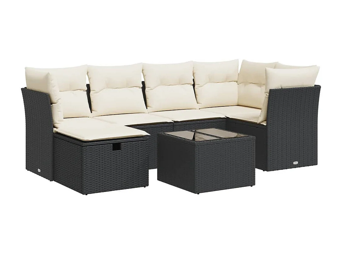 Salon de jardin 7 pcs avec coussins noir résine tressée