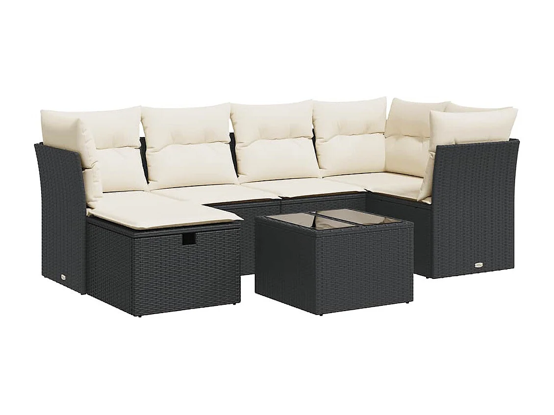 7-tlg. Garten-Sofagarnitur mit Kissen Schwarz Poly Rattan