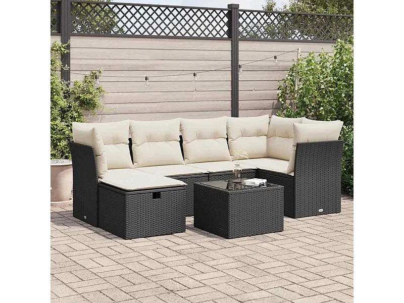 Set Divani da Giardino con Cuscini 7pz Nero Polyrattan