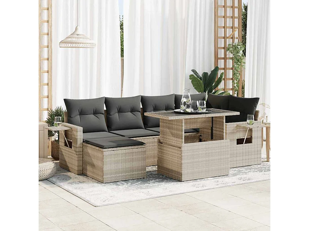 Salon de jardin avec coussins 7 pcs gris clair résine tressée