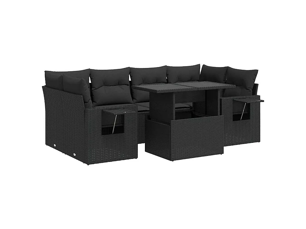 7-delige Loungeset met kussens poly rattan zwart