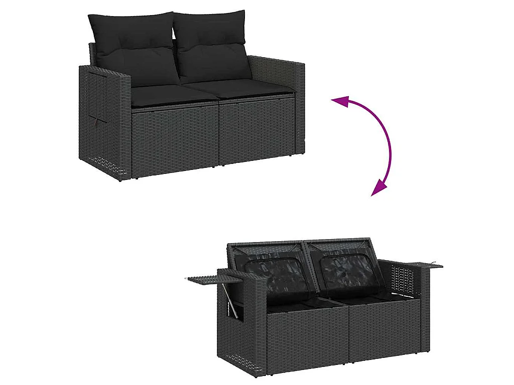 7-delige Loungeset met kussens poly rattan zwart