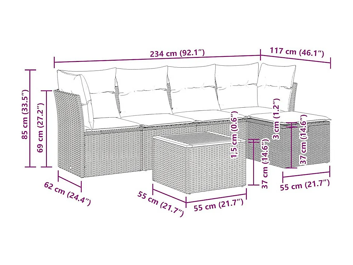 Salon de jardin avec coussins 6 pcs beige résine tressée
