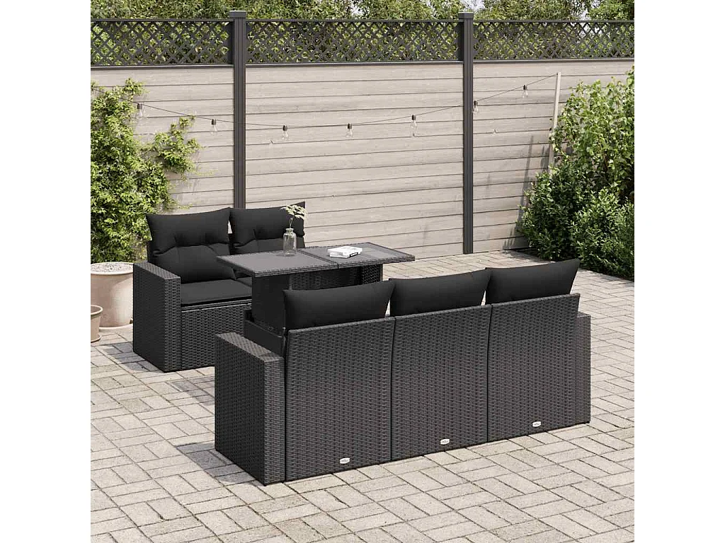 6-tlg. Garten-Sofagarnitur mit Kissen Schwarz Poly Rattan