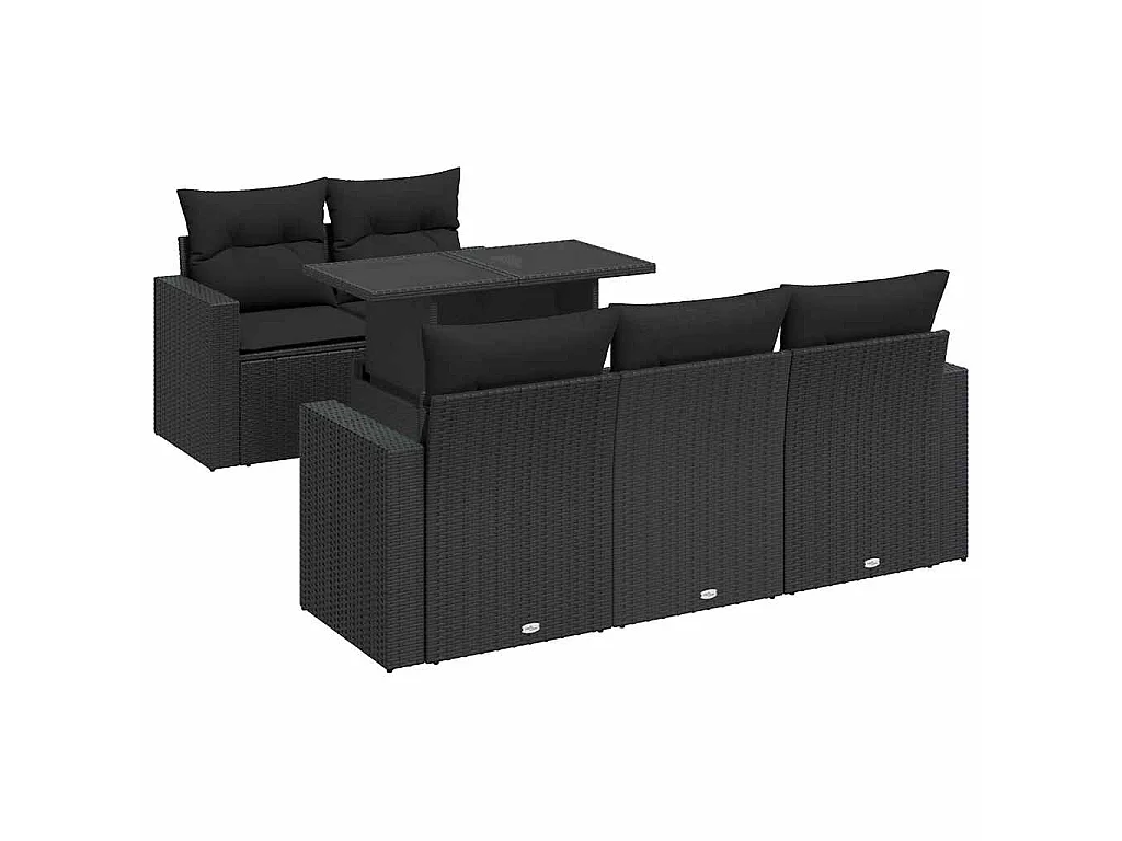 6-delige Loungeset met kussens poly rattan zwart