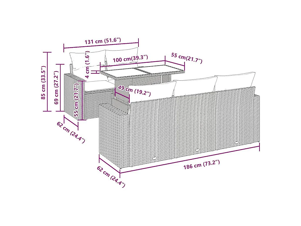 6-delige Loungeset met kussens poly rattan zwart