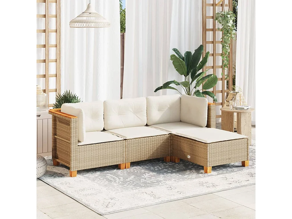 4-delige Loungeset met kussens poly rattan beige