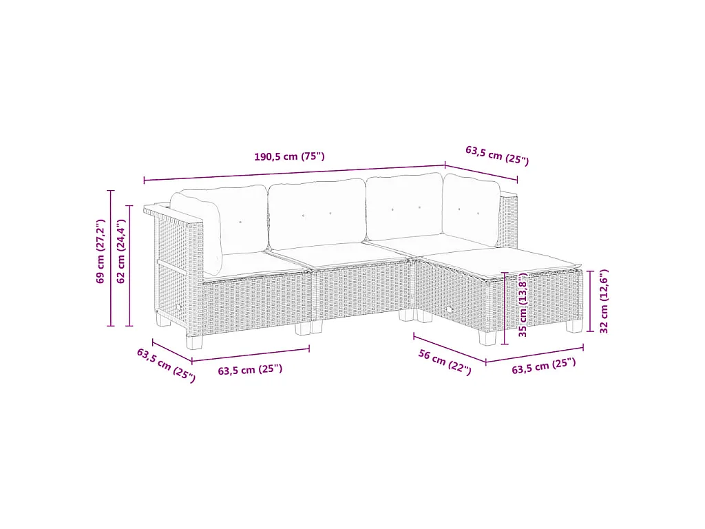 4-delige Loungeset met kussens poly rattan beige