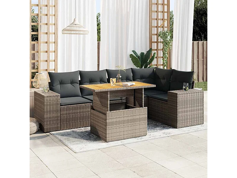Salon de jardin 6 pcs avec coussins gris résine tressée