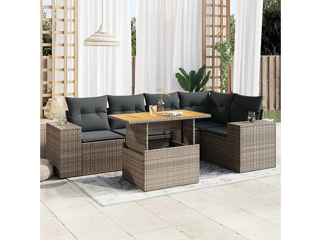 Salon de jardin 6 pcs avec coussins gris résine tressée