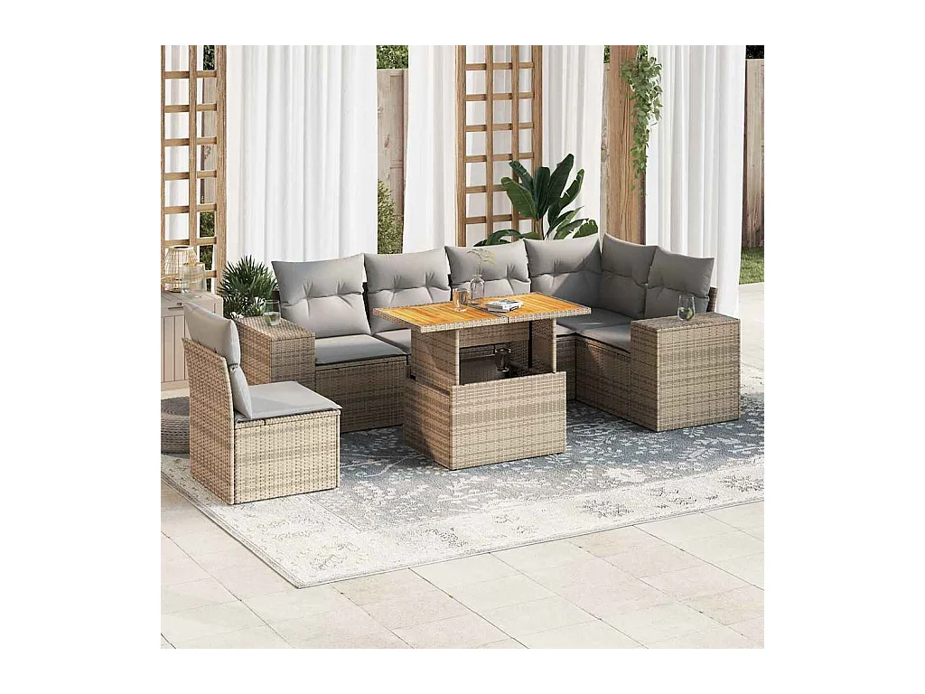 Salon de jardin avec coussins 7 pcs beige résine tressée